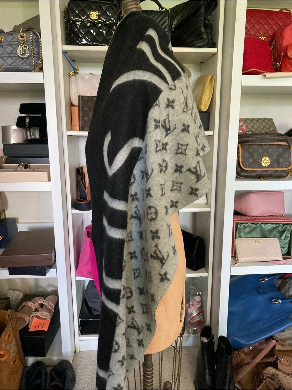 Louis Vuitton Black & Gray Monogram Fringe Scarf